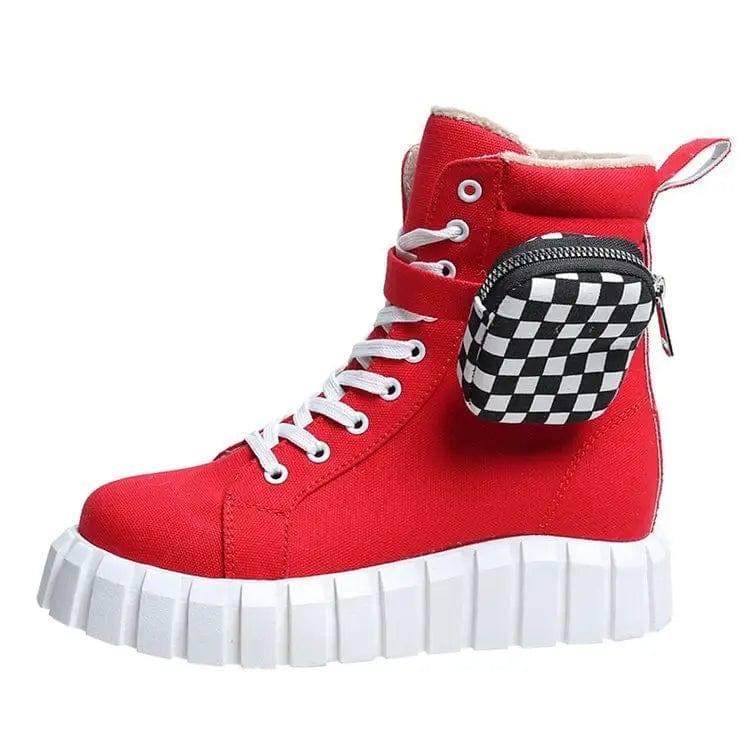 Punk Ankle Boots With Belt Buckle Pocket Designer Boots-Red plaid bag-9