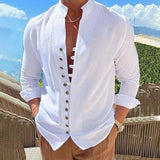 Retro Button Design Long-sleeved Shirt Men's Casual Loose Top Mens Clothing-White-1