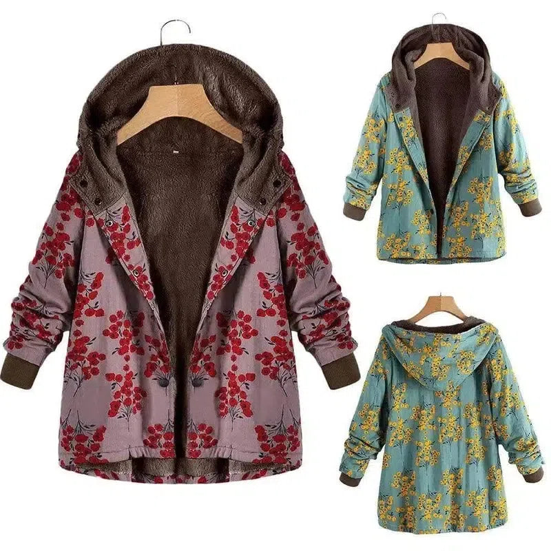 Retro flower print plus size hooded jacket top-1