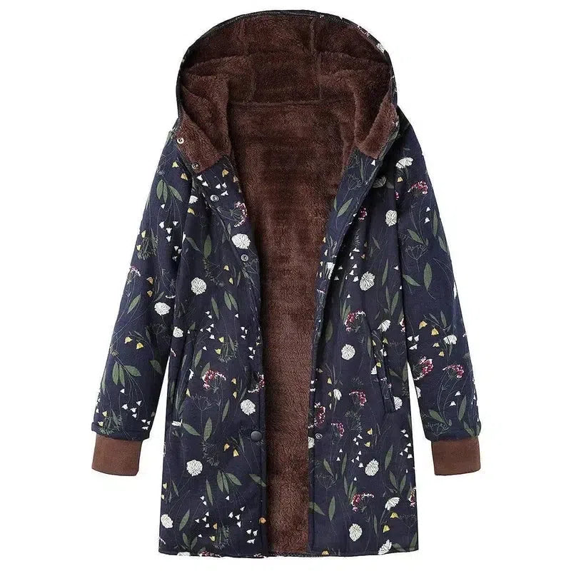 Retro flower print plus size hooded jacket top-Blue1-6