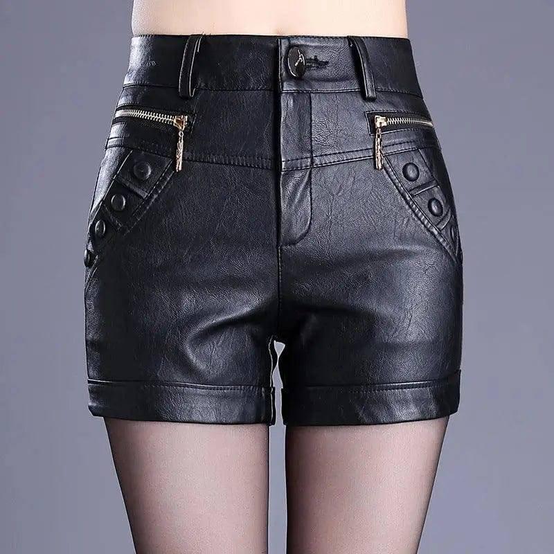 Retro high waist slim slim straight casual pu leather shorts-BH1907black-16