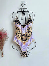 Retro print swimsuit one-piece bikini-Purple-5