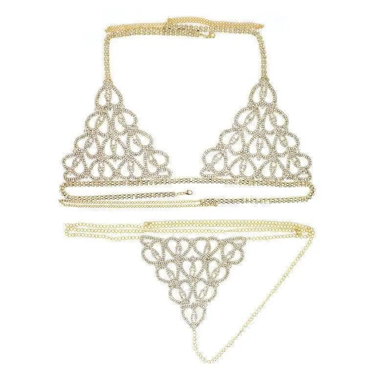 Rhinestone Claw Chain Body Chain Set Sexy Bra Panty Set-Golden-2