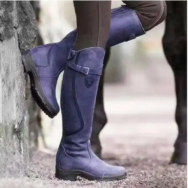 Riding Western Boots Winter Knee High Block Heel Round Toe-Blue-3