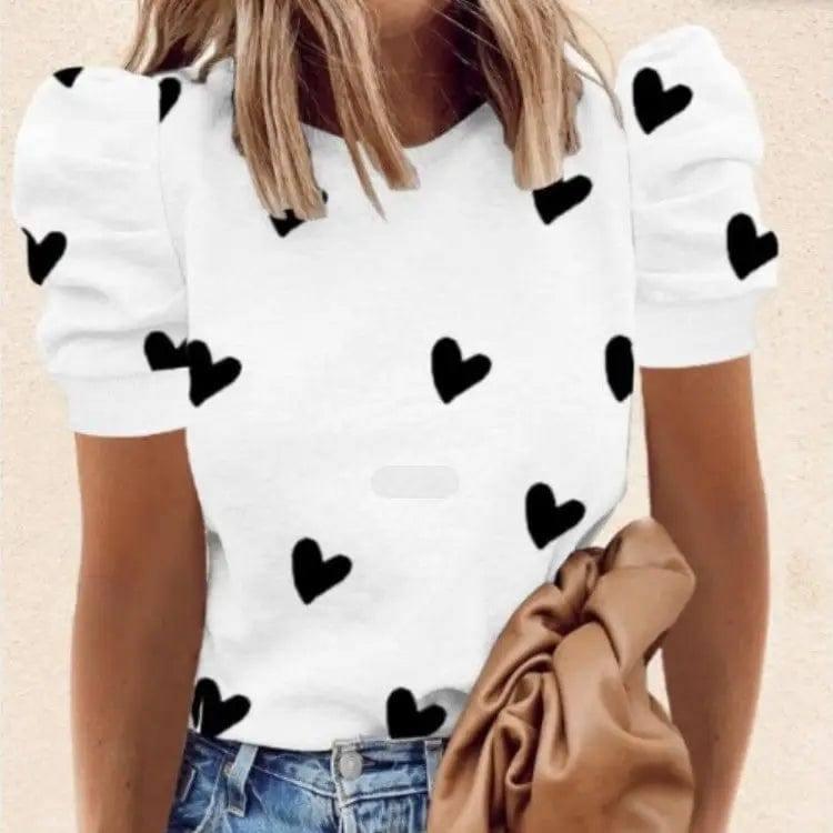 Round Neck Print Short Sleeve Puff Sleeve Fashion All-Match-C-3