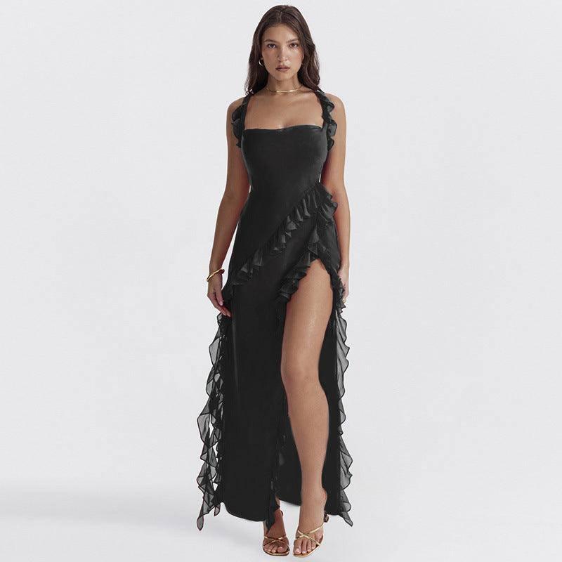 Ruffle Thigh High Split Dress Women Sexy Spaghetti Strap-Black-8