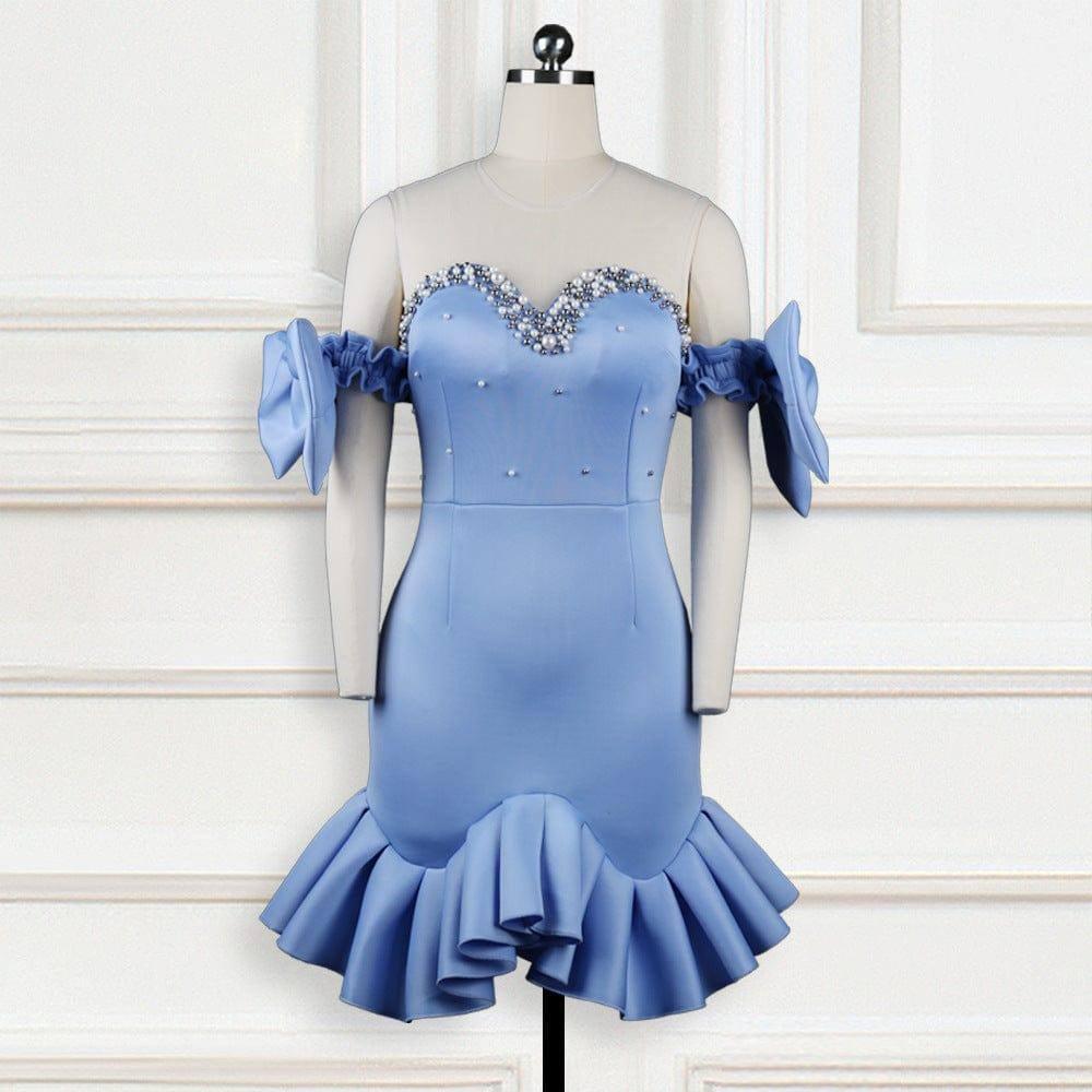 See-Through Mesh And Beaded Ruffles Women's Dress-Blue-7