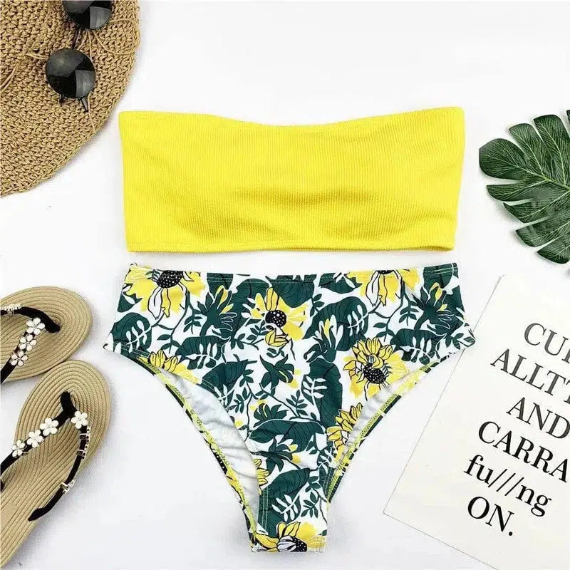 Bandeau Bikini Set Women Print Swimwear-Yellow-6