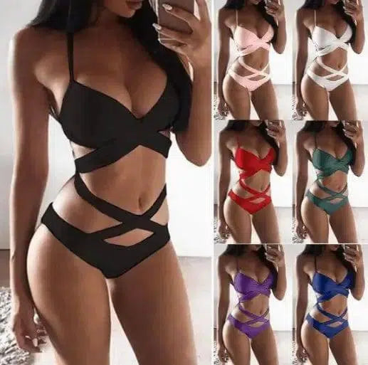 Black And White Color Matching Bikini Women'S Split-Red-11