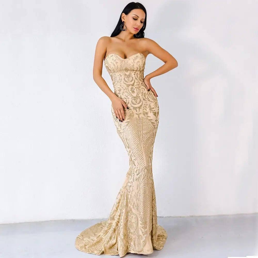 SEXY ELEGANT STRAPLESS GEOMETRIC EVENING DRESS-Golden-1