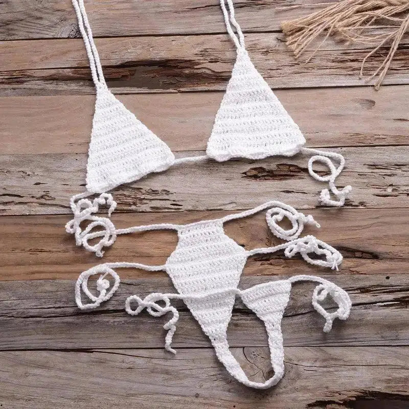 Hand Woven Beach Bikini Swimsuit-White-7