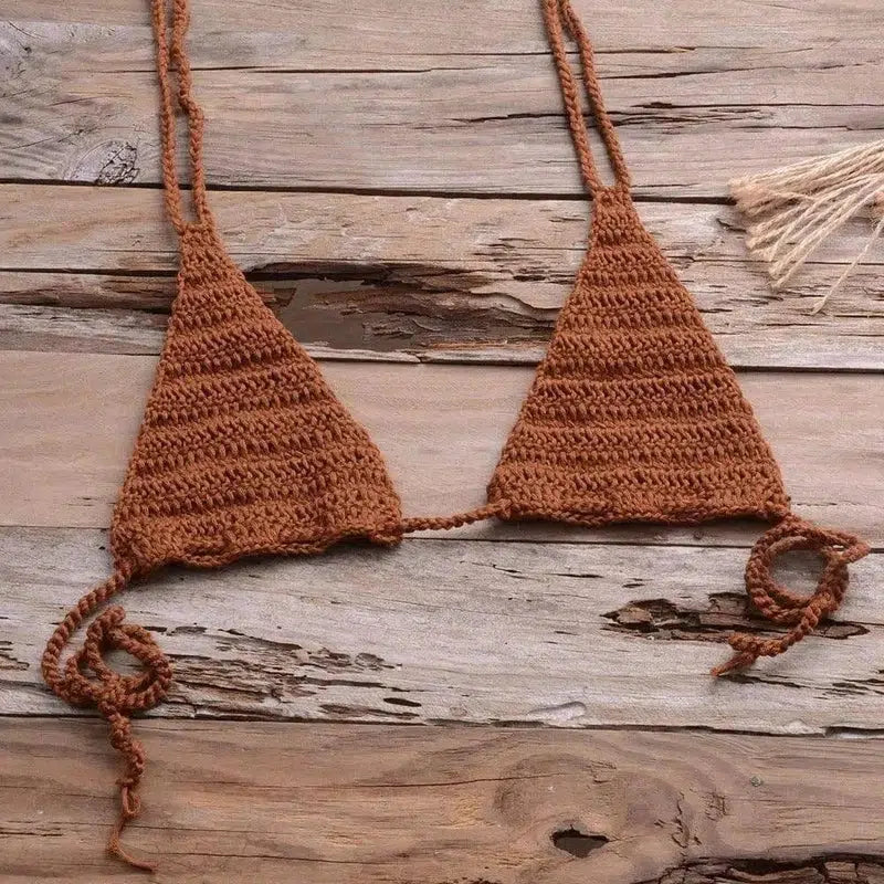 Hand Woven Beach Bikini Swimsuit-Coffee-9
