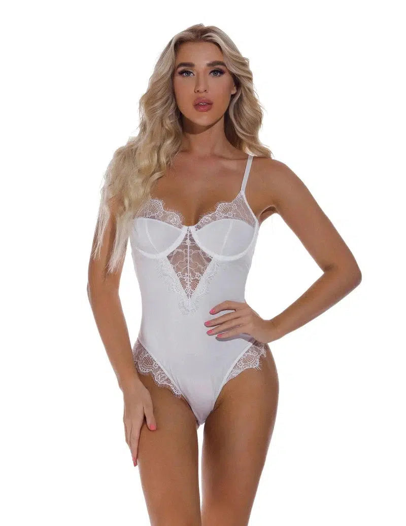 Lingerie Lace Lingerie Open Back Bodysuit-White-1