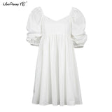 Off Shoulder White Women Dress Cotton Big Puff Sleeve-5