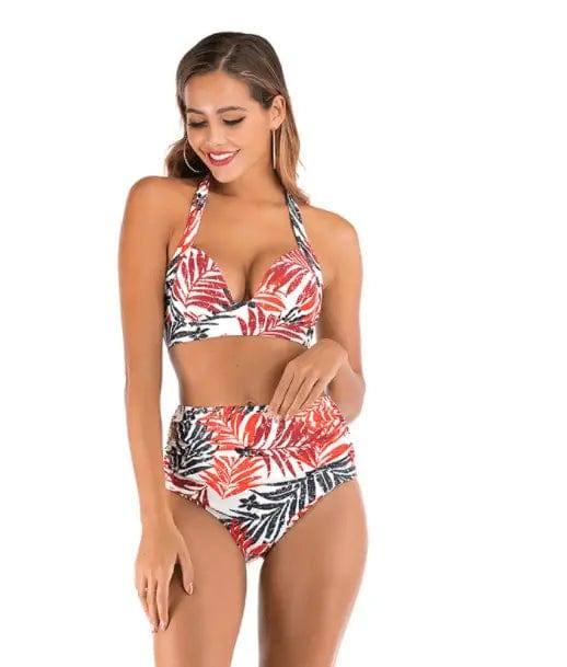 Sexy Printed High-waisted Two-piece Swimsuit-Redmapleleaf-9