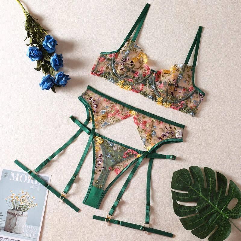 Sexy See-Through Yellow Garden Floral Bra Garter Belt Thong-Green-6