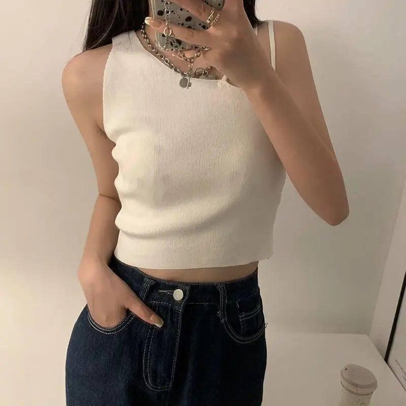 slanted shoulders crop tops-White-4