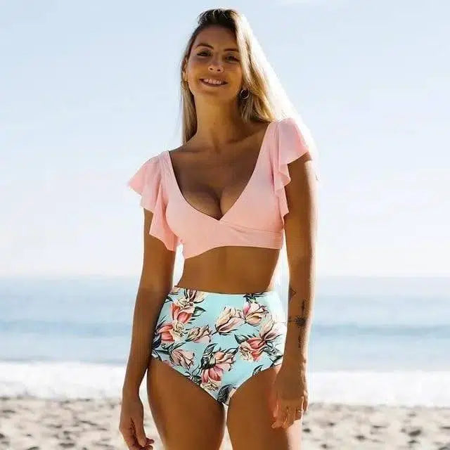 Sexy Swimsuit Printed Split Bikini Swimsuit Women Swimwear-Pink-6