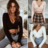 Women Ladies Summer Slim Crop Tops Long Sleeve T-1