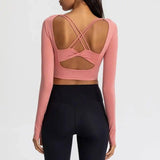 Yoga Tight Long Sleeve Yoga Top With Chest Pad-Pink-2