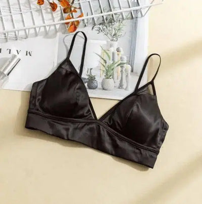 Silk Unwired Bra Glossy Satin Lingerie Thin With Chest Pad-Black-3