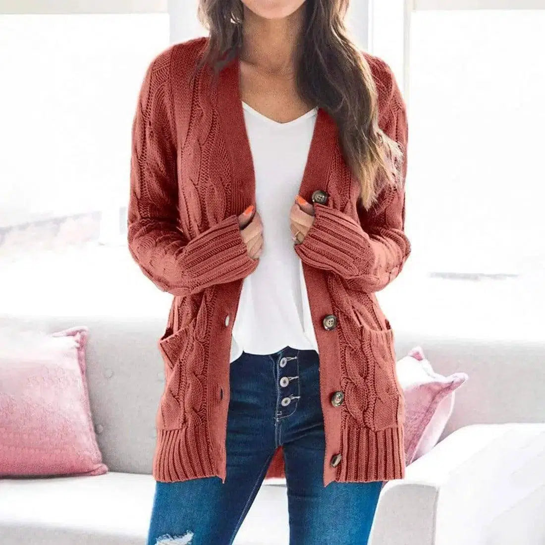 Single breasted long sleeve wool jacket-Red-10