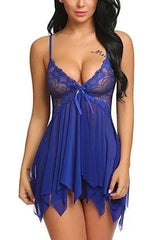 Sling Lingerie Lace Side Deep V Pajamas-Blue-4