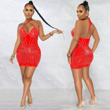 Sling Wrapped Chest Rhinestone Mesh Perspective Skirt Dress-1