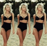 Solid color bikini swimsuit black retro high waist-Black-1