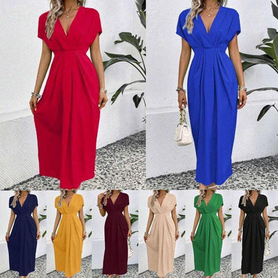 Solid Color Deep V Shoulder Sleeve Folding Elastic Waist-2