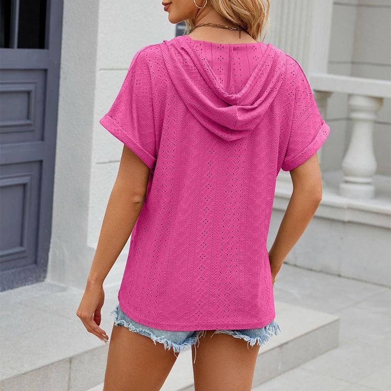 New Solid Color Hooded Button T-shirt Loose Hollow Design Short-sleeved Top For Womens Clothing-3