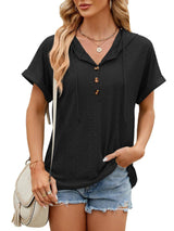 New Solid Color Hooded Button T-shirt Loose Hollow Design Short-sleeved Top For Womens Clothing-Black-4