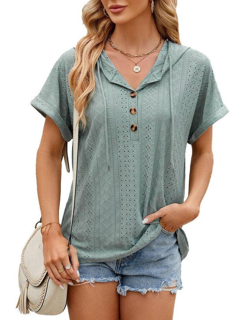 New Solid Color Hooded Button T-shirt Loose Hollow Design Short-sleeved Top For Womens Clothing-Dark Green-6