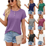 Solid Color Round Neck Button Short Sleeve T-Shirt New Summer Loose Top For Womens Clothing-10