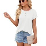 Solid Color Round Neck Button Short Sleeve T-Shirt New Summer Loose Top For Womens Clothing-White-5