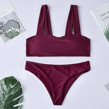 Solid color shoulder split swimsuit women-WineRed-10