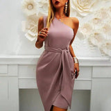 Solid Color Sleeveless Slanted Shoulder Irregular Tie Party-Purple-4