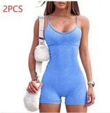 Spaghetti Strap Shorts Jumpsuit Sports Yoga Workout Tight-Blue-28