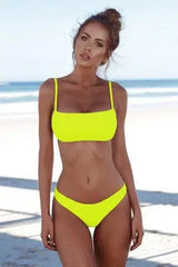 Split solid color bikini tight swimsuit backless sexy-Yellow-4