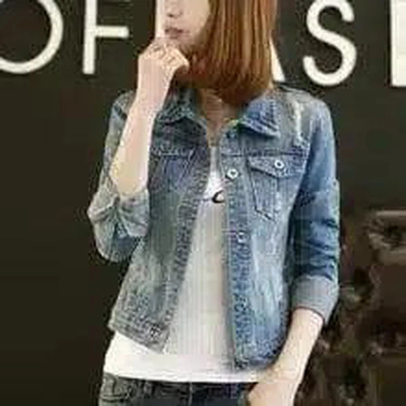 spring and autumn new denim jacket women's long-sleeved-Light blue-1