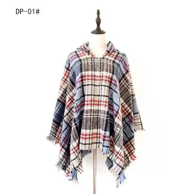 Spring Autumn And Winter Plaid Ribbon Cap Cape And Shawl-DP 01 Blue Red-2