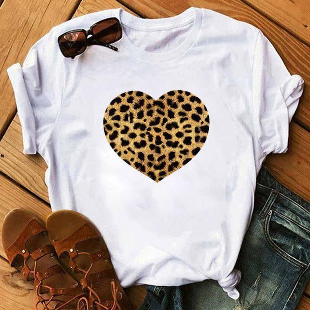 Spring Women's Cartoon Leopard Print Heart Printing T-shirt-A01983-5