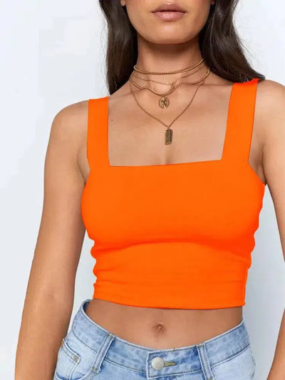 Square Neck Sleeveless Summer Crop Top White Women Black-4