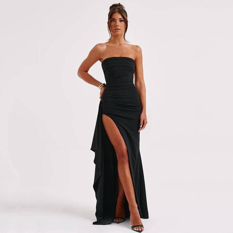 Strapless Split Long Dress Summer Fashion Pleated Bridesmaid-7