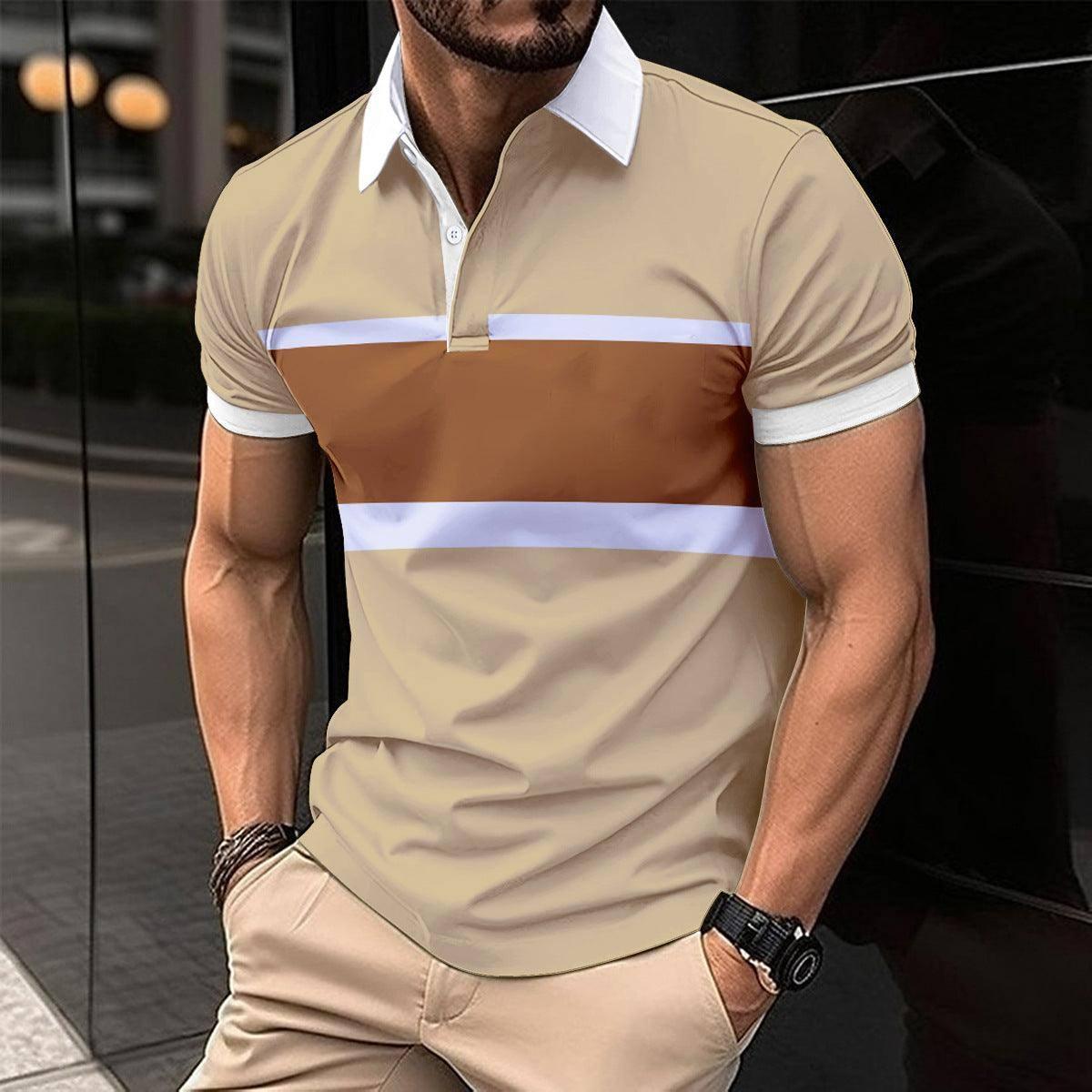 Striped Printed Men's Casual Polo Shirt-Khaki-2