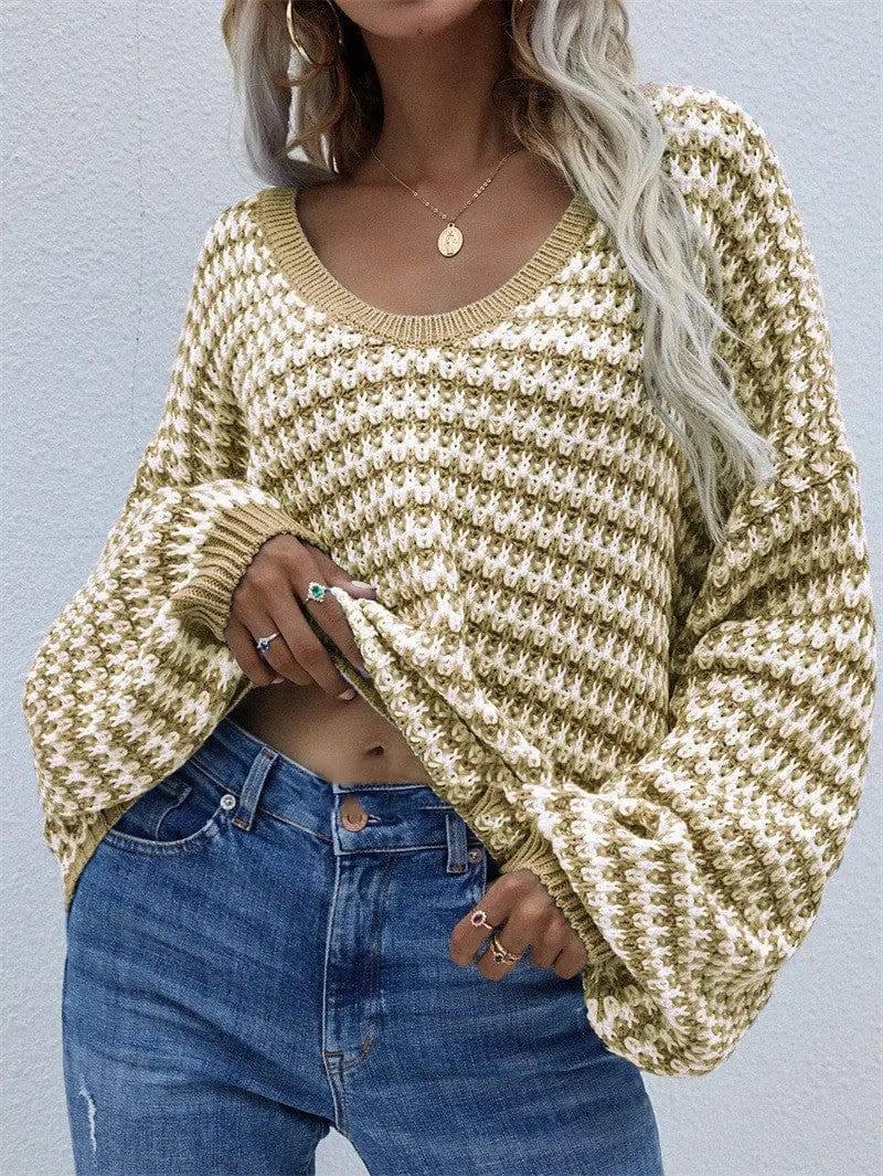 Striped Sweater V-neck Sweater-Yellow apricot-8