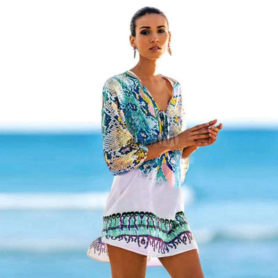 New Arrivals Beach Caftan Swimsuit Cover up Print Chiffon Pareo Women Robe Plage Swimwear Dress Sarong Beach Tunic-Blue-4