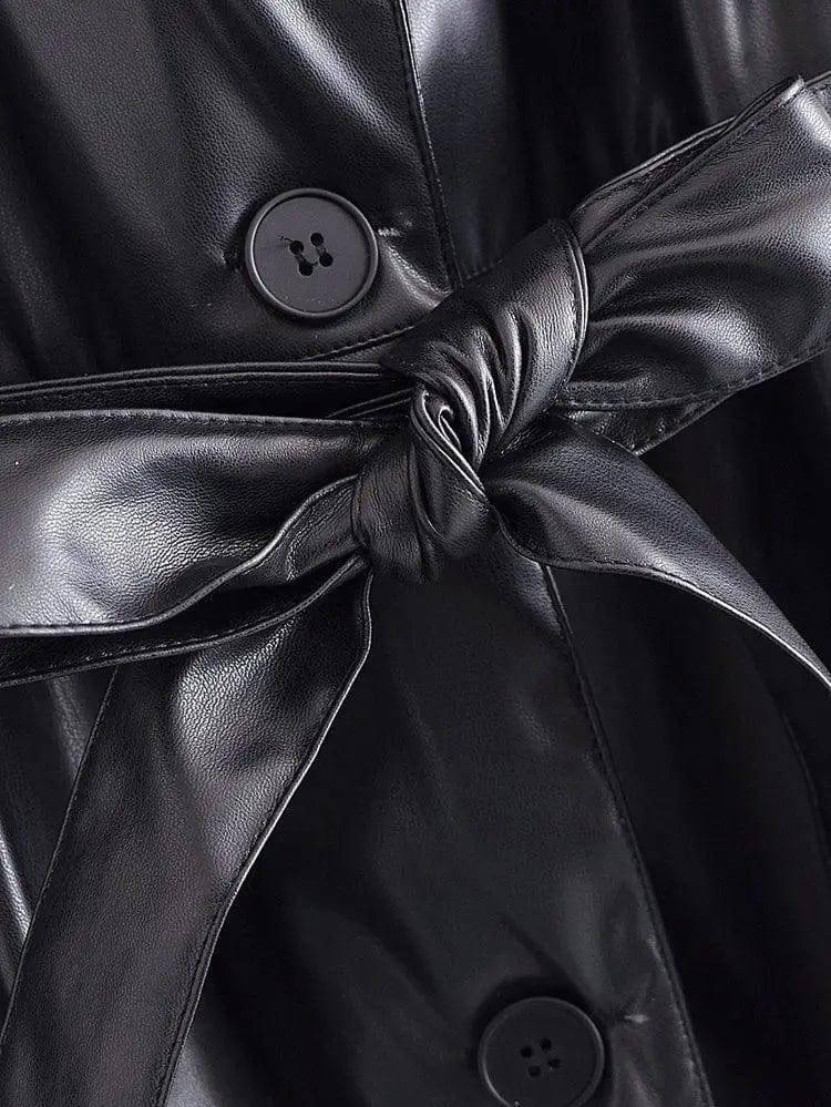 Stylish Belted Faux Leather Trench Coat-5