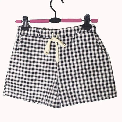 Summer Elastic Waist Cotton Plaid Loose Shorts For Women-Black-3