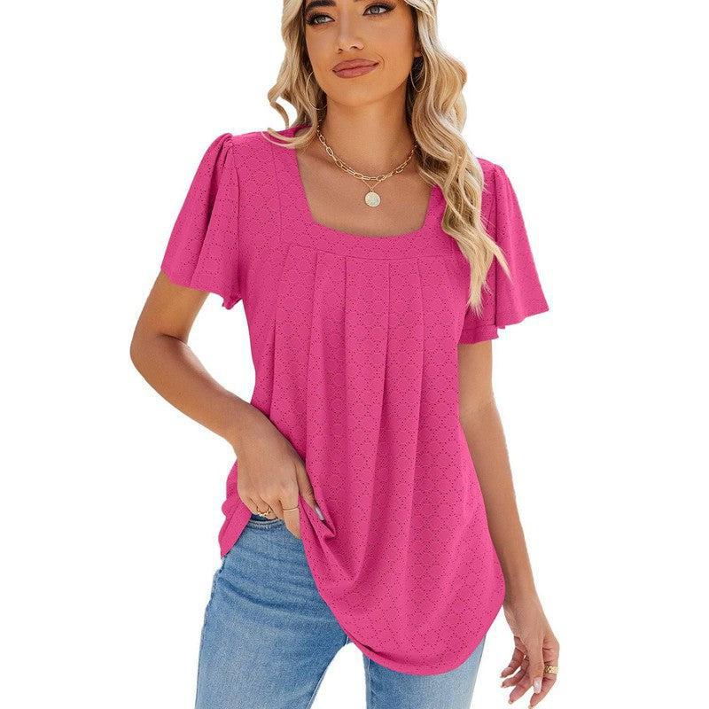 Summer Square Neck Pleated Short-sleeved T-shirt Loose Solid-Barbie Pink-5